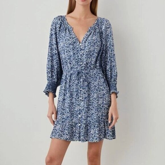 NWT Rails Eliza Mini Dress Ice Chrysanthemum Women XS Blue Floral Balloon Summer - Picture 1 of 11